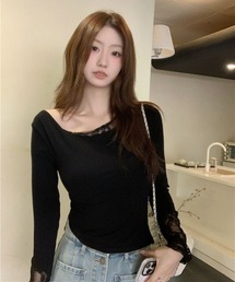 tシャツ 「 2color 」レースドッキングアシンメトリートップス Y2K