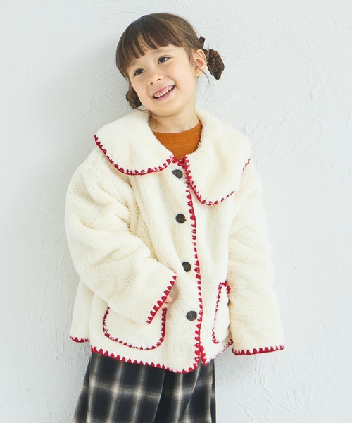 pairmanon（ペアマノン）の「【ましゅまろボア】洗える/軽い/ふんわり 配色ステッチ ボア コート（その他アウター・キッズ・レッド系その他/アイボリー/ピンク系その他・100/110/120/130/140/150/90）」の4枚目の写真