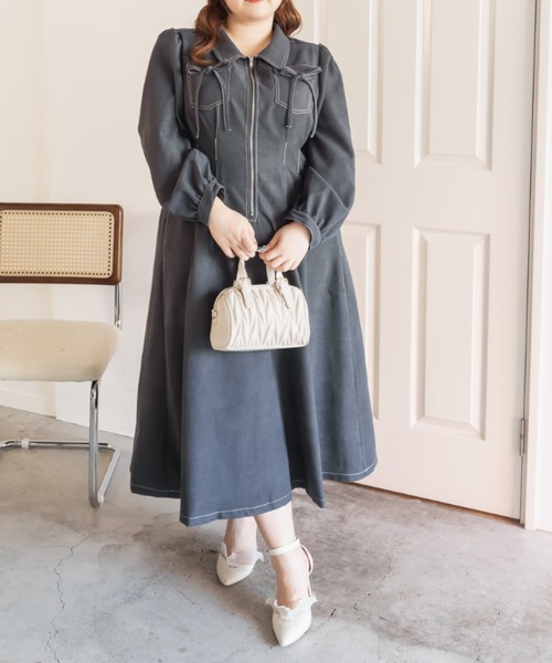 CLETTE(クレット)の「CLETTEオリジナル配色ステッチウエストタックワンピース(ワンピース・レディース・ブラウン/チャコールグレー/ブラック・LL/3L/4L)」の3枚目の写真
