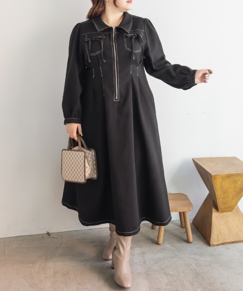 CLETTE(クレット)の「CLETTEオリジナル配色ステッチウエストタックワンピース(ワンピース・レディース・ブラウン/チャコールグレー/ブラック・LL/3L/4L)」の2枚目の写真