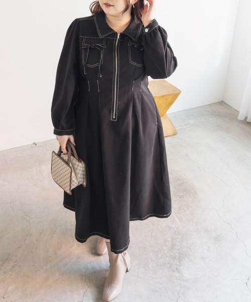 CLETTE(クレット)の「CLETTEオリジナル配色ステッチウエストタックワンピース(ワンピース・レディース・ブラウン/チャコールグレー/ブラック・LL/3L/4L)」の4枚目の写真