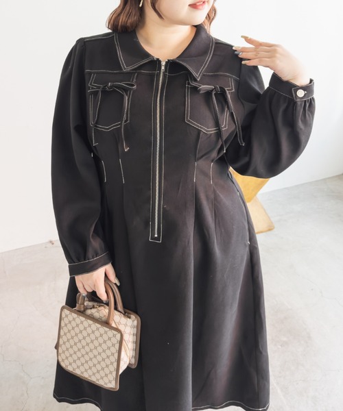 CLETTE(クレット)の「CLETTEオリジナル配色ステッチウエストタックワンピース(ワンピース・レディース・ブラウン/チャコールグレー/ブラック・LL/3L/4L)」の6枚目の写真