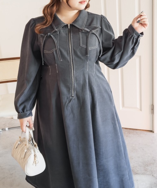 CLETTE(クレット)の「CLETTEオリジナル配色ステッチウエストタックワンピース(ワンピース・レディース・ブラウン/チャコールグレー/ブラック・LL/3L/4L)」の9枚目の写真