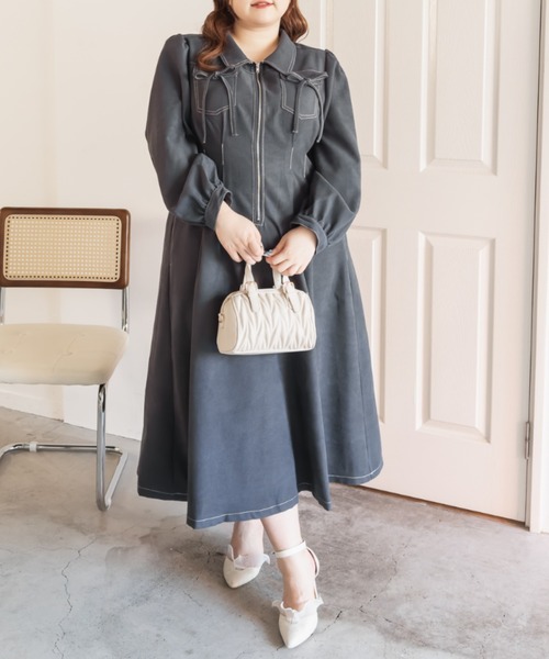 CLETTE(クレット)の「CLETTEオリジナル配色ステッチウエストタックワンピース(ワンピース・レディース・ブラウン/チャコールグレー/ブラック・LL/3L/4L)」の8枚目の写真