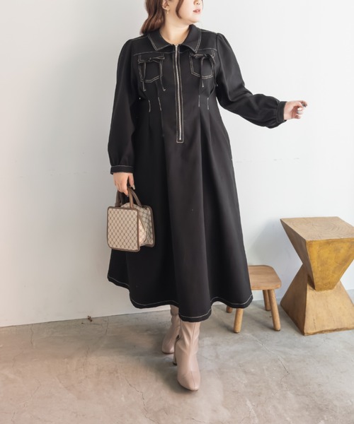 CLETTE(クレット)の「CLETTEオリジナル配色ステッチウエストタックワンピース(ワンピース・レディース・ブラウン/チャコールグレー/ブラック・LL/3L/4L)」の5枚目の写真
