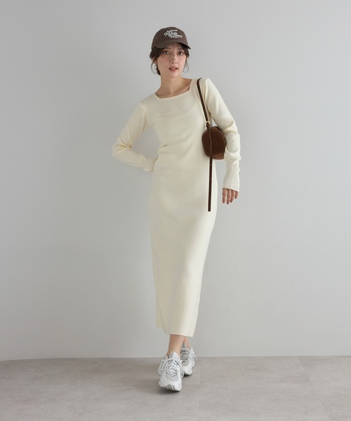 STRETA(ストレタ)の「【骨格ストレート向け】ベルト付きスクエアネックニットワンピース(ワンピース・レディース・ダークブラウン/ブラック/アイボリー・S/M)」の2枚目の写真