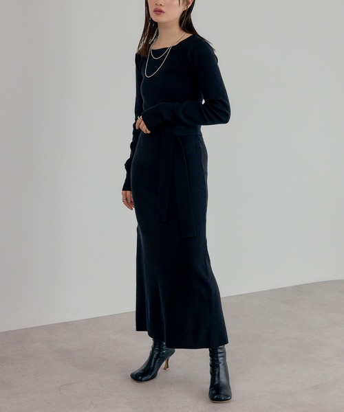 セール】【骨格ストレート向け】ベルト付きスクエアネックニット