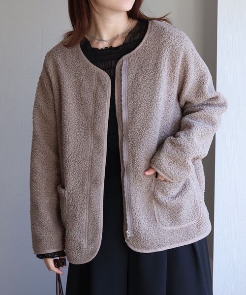 セール】フロントジップボアジャケット（ノーカラージャケット）｜sin