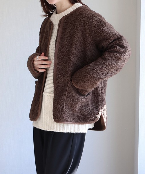 セール】フロントジップボアジャケット（ノーカラージャケット）｜sin