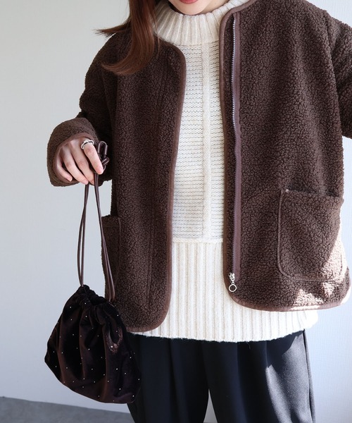 セール】フロントジップボアジャケット（ノーカラージャケット）｜sin