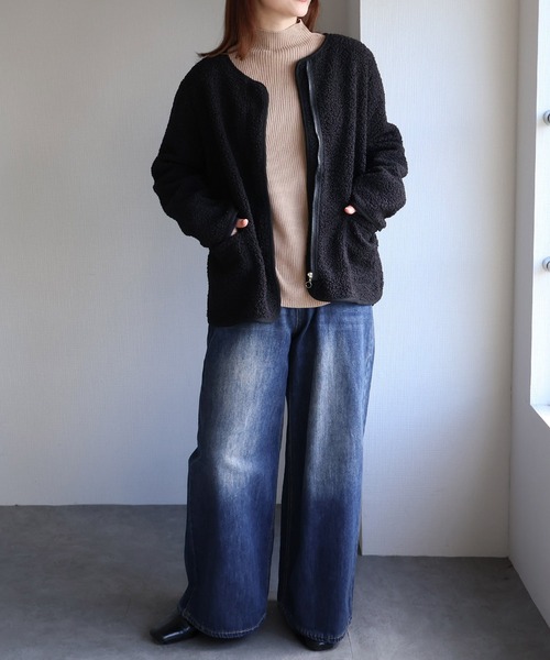 セール】フロントジップボアジャケット（ノーカラージャケット）｜sin