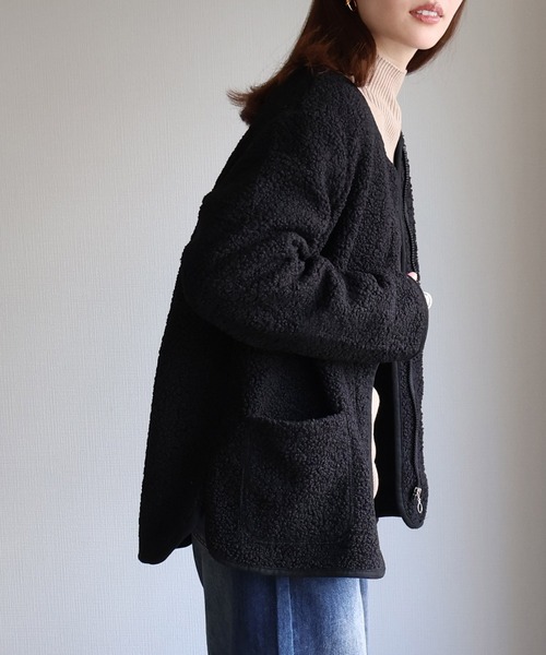 セール】フロントジップボアジャケット（ノーカラージャケット）｜sin