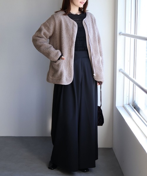 セール】フロントジップボアジャケット（ノーカラージャケット）｜sin