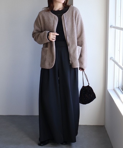 セール】フロントジップボアジャケット（ノーカラージャケット）｜sin