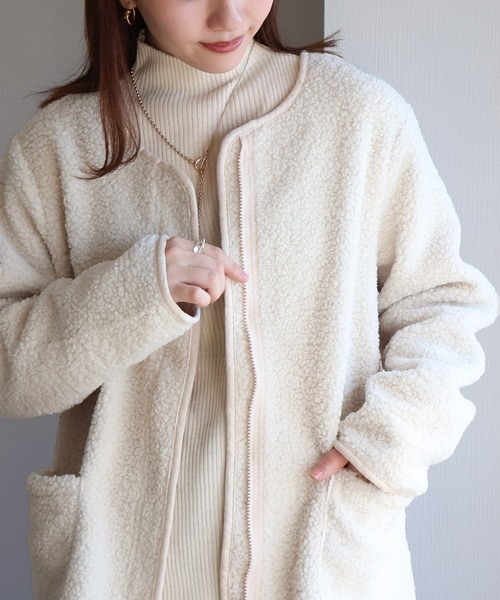 セール】フロントジップボアジャケット（ノーカラージャケット）｜sin