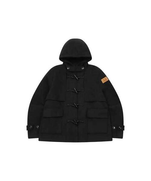 MUCENT（ムセント）の「[ピンバッジプレゼント] モレンフラップフードダッフルショートコート 男女兼用 (2カラー)（チェスターコート・レディース・ブラック/チャコール・FREE）」の2枚目の写真