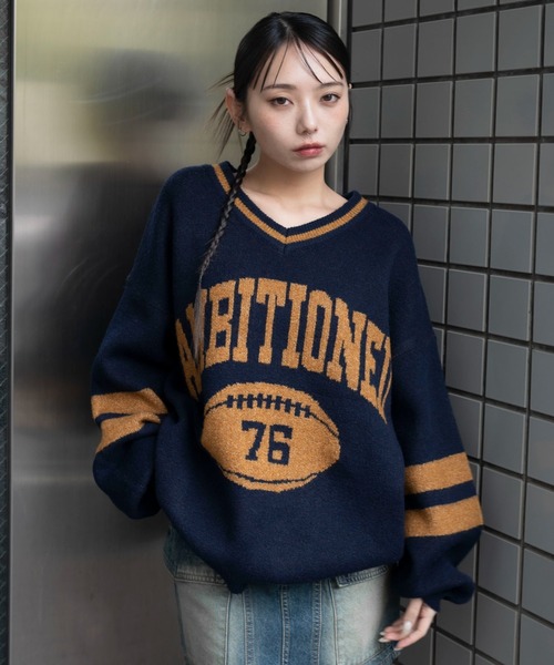 WEGO/【25年秋冬新作】フラッフィーVネックニットBIGプルオーバー