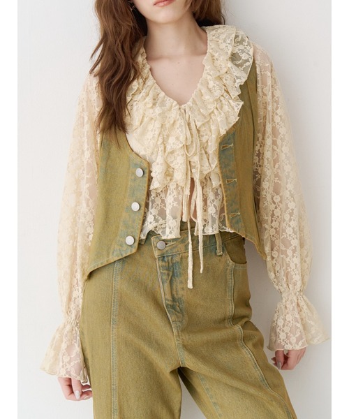 EVRIS(エヴリス)の「ヴィンテージライクデニムベスト【セットアップ着用可能】春服(テーラードジャケット・レディース・ベージュ/インディゴブルー・FREE)」の1枚目の写真