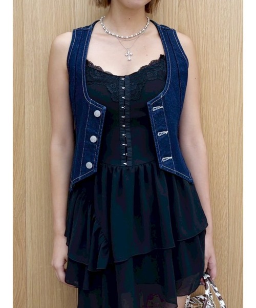 EVRIS(エヴリス)の「ヴィンテージライクデニムベスト【セットアップ着用可能】春服(テーラードジャケット・レディース・ベージュ/インディゴブルー・FREE)」の2枚目の写真