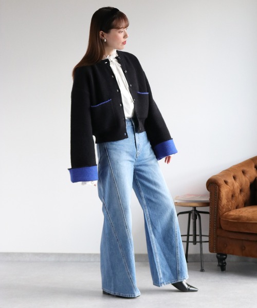 cepo（セポ）の「アルパカタッチダブルフェイス袖配色カーディガン（カーディガン/ボレロ・レディース・ブラック/チャコール/アイボリー・M）」の2枚目の写真