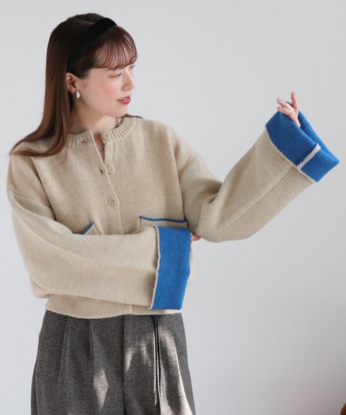 cepo（セポ）の「アルパカタッチダブルフェイス袖配色カーディガン（カーディガン/ボレロ・レディース・ブラック/チャコール/アイボリー・M）」の16枚目の写真