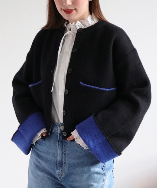 cepo（セポ）の「アルパカタッチダブルフェイス袖配色カーディガン（カーディガン/ボレロ・レディース・ブラック/チャコール/アイボリー・M）」の21枚目の写真