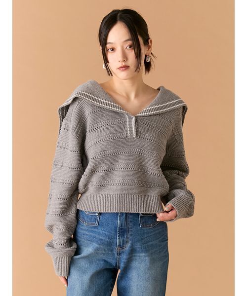 LILY BROWN(リリーブラウン)の「セーラーカラーニットトップス(ニット/セーター・レディース・グレー/アイボリー/その他・F)」の2枚目の写真
