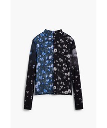花柄プリント タートルネック長袖Tシャツ