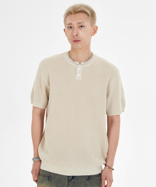 セール】ヘンリーネックワッフル半袖Tシャツ_ベージュ（ポロシャツ