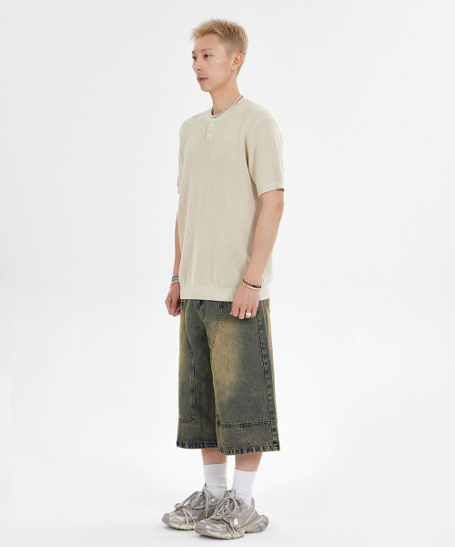 セール】ヘンリーネックワッフル半袖Tシャツ_ベージュ（ポロシャツ