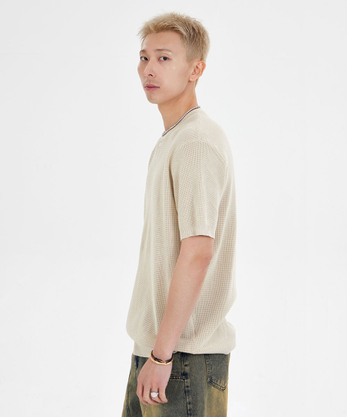 セール】ヘンリーネックワッフル半袖Tシャツ_ベージュ（ポロシャツ