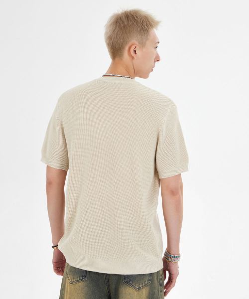 セール】ヘンリーネックワッフル半袖Tシャツ_ベージュ（ポロシャツ