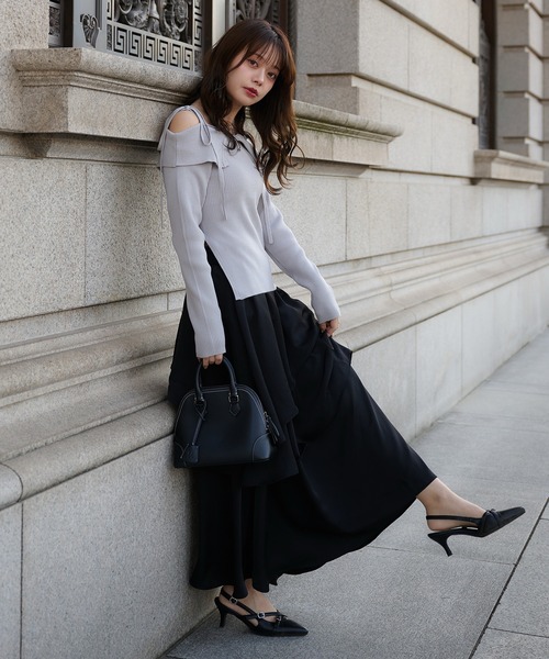fupel（フぺル）の「off-shoulder ribbon knit × tiered skirt set / オフショルダーリボンニット×ティアードスカートセット（セットアップ・レディース・ライトグレー/ピンク/グレイッシュベージュ・FREE）」の2枚目の写真