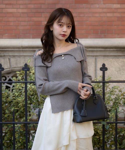 fupel（フぺル）の「off-shoulder ribbon knit × tiered skirt set / オフショルダーリボンニット×ティアードスカートセット（セットアップ・レディース・ライトグレー/ピンク/グレイッシュベージュ・FREE）」の13枚目の写真