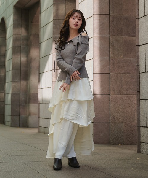 fupel（フぺル）の「off-shoulder ribbon knit × tiered skirt set / オフショルダーリボンニット×ティアードスカートセット（セットアップ・レディース・ライトグレー/ピンク/グレイッシュベージュ・FREE）」の9枚目の写真