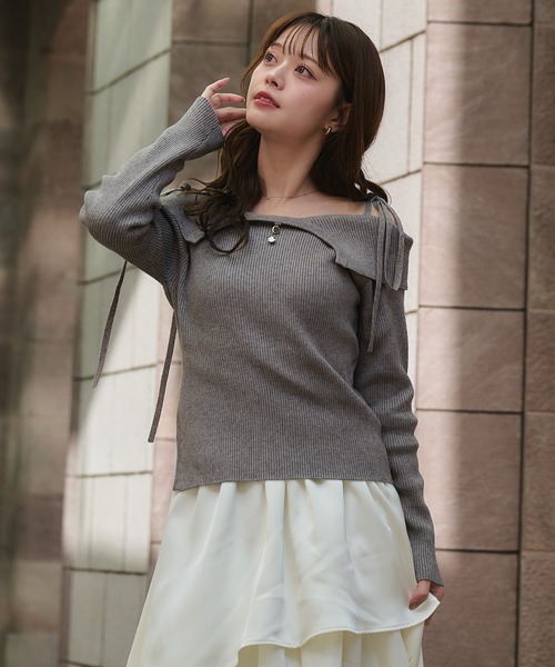 fupel（フぺル）の「off-shoulder ribbon knit × tiered skirt set / オフショルダーリボンニット×ティアードスカートセット（セットアップ・レディース・ライトグレー/ピンク/グレイッシュベージュ・FREE）」の11枚目の写真