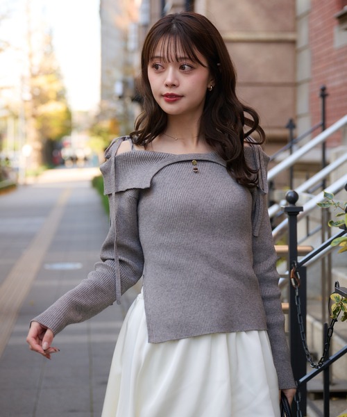 fupel（フぺル）の「off-shoulder ribbon knit × tiered skirt set / オフショルダーリボンニット×ティアードスカートセット（セットアップ・レディース・ライトグレー/ピンク/グレイッシュベージュ・FREE）」の20枚目の写真