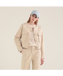 Round Neck Cropped Jacket_Beige