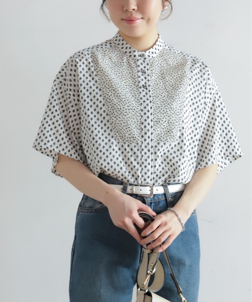 NOMBRE IMPAIR(ノンブルアンペール)の「リーフドットコンビ スタンドネックブラウス(シャツ/ブラウス・レディース・ブラック/ホワイト・FREE)」の4枚目の写真