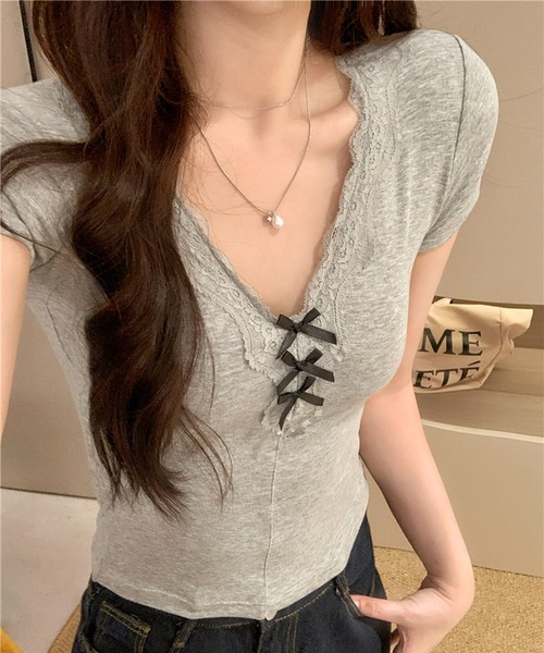 NANEA(ナネア)の「レース&リボン カップ付きVネックTシャツ(Tシャツ/カットソー・レディース・ホワイト/ブラック/チャコールグレー/グレー・フリー)」の17枚目の写真