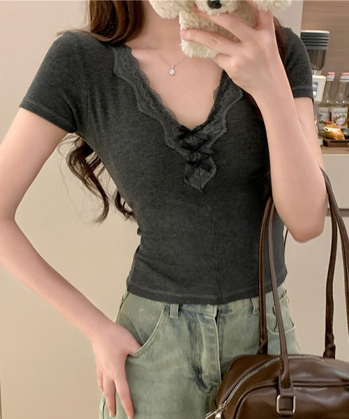 NANEA(ナネア)の「レース&リボン カップ付きVネックTシャツ(Tシャツ/カットソー・レディース・ホワイト/ブラック/チャコールグレー/グレー・フリー)」の16枚目の写真