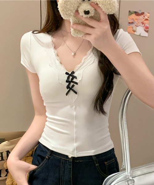 NANEA(ナネア)の「レース&リボン カップ付きVネックTシャツ(Tシャツ/カットソー・レディース・ホワイト/ブラック/チャコールグレー/グレー・フリー)」の6枚目の写真
