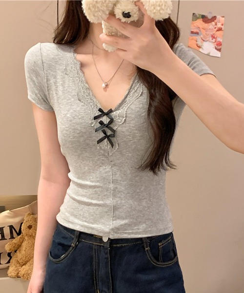NANEA(ナネア)の「レース&リボン カップ付きVネックTシャツ(Tシャツ/カットソー・レディース・ホワイト/ブラック/チャコールグレー/グレー・フリー)」の21枚目の写真