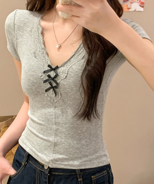 NANEA(ナネア)の「レース&リボン カップ付きVネックTシャツ(Tシャツ/カットソー・レディース・ホワイト/ブラック/チャコールグレー/グレー・フリー)」の18枚目の写真