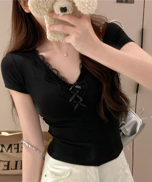 NANEA(ナネア)の「レース&リボン カップ付きVネックTシャツ(Tシャツ/カットソー・レディース・ホワイト/ブラック/チャコールグレー/グレー・フリー)」の8枚目の写真