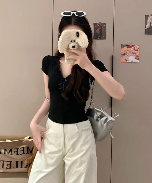 NANEA(ナネア)の「レース&リボン カップ付きVネックTシャツ(Tシャツ/カットソー・レディース・ホワイト/ブラック/チャコールグレー/グレー・フリー)」の12枚目の写真
