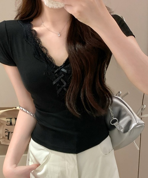 NANEA(ナネア)の「レース&リボン カップ付きVネックTシャツ(Tシャツ/カットソー・レディース・ホワイト/ブラック/チャコールグレー/グレー・フリー)」の9枚目の写真