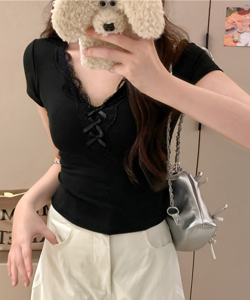NANEA(ナネア)の「レース&リボン カップ付きVネックTシャツ(Tシャツ/カットソー・レディース・ホワイト/ブラック/チャコールグレー/グレー・フリー)」の10枚目の写真