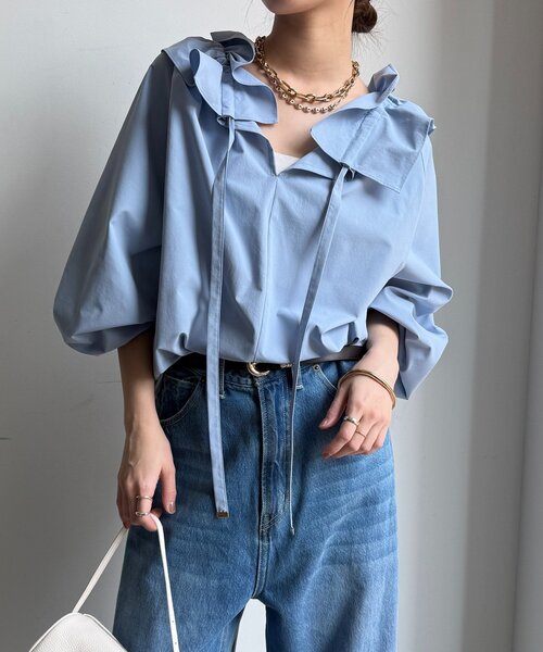 DouDou(ドゥドゥ)の「ダブルフリルカラーブラウス(シャツ/ブラウス・レディース・ホワイト/サックスブルー/ブラック・FREE)」の7枚目の写真