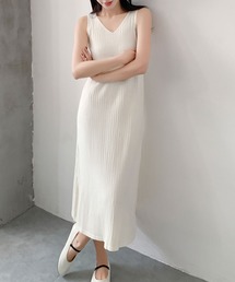 Vネック ノースリーブ Aライン リブ ロングワンピース